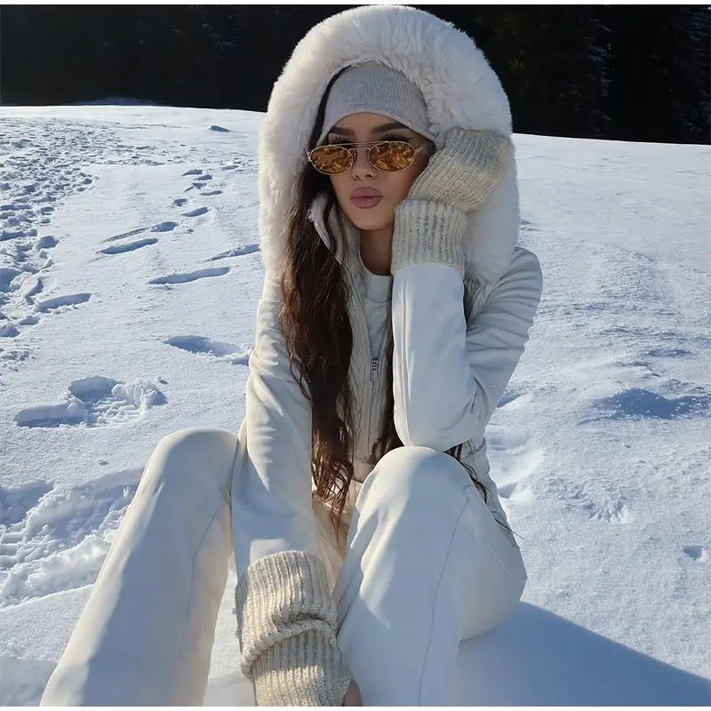 Warm Fur Trim Hooded Winter Ski Suit with Belt for Women