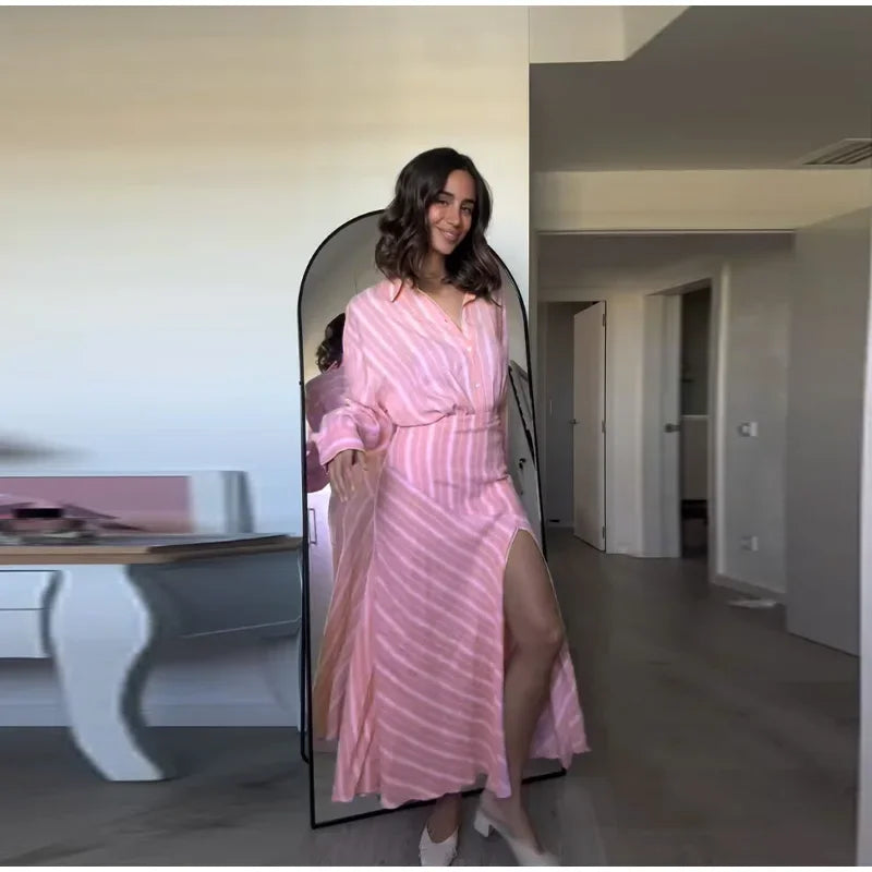 Elegant Striped Long Sleeve Shirt and Skirt Set for Women