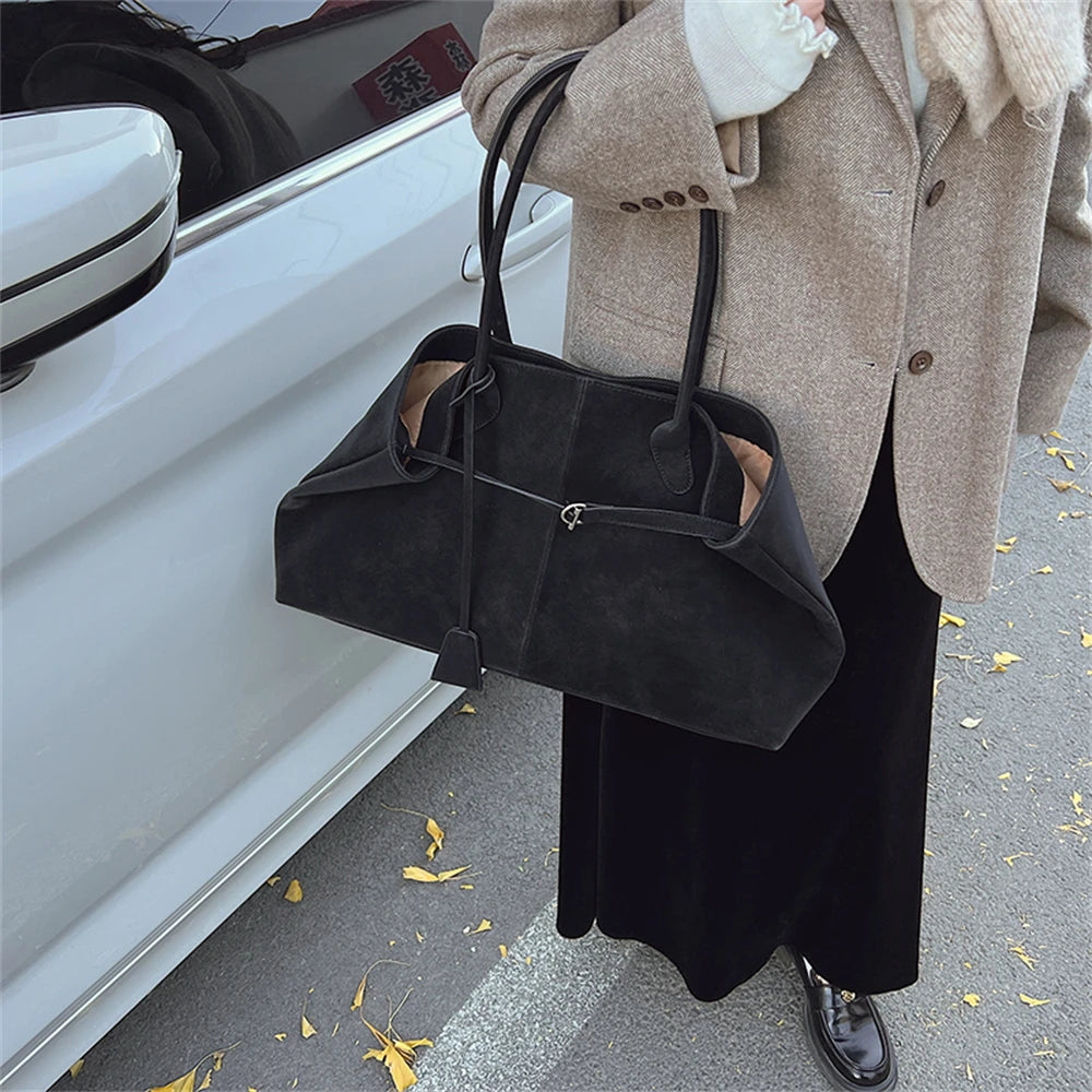 Luxurious Faux Suede Pure Color Retro Shoulder Tote Bag for Women