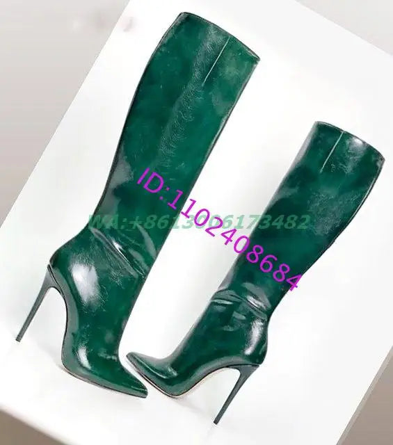 Sexy Lady Pointed Toe 12Cm High Heel Boots Women Knee High Pointy Stilettos Boots Plus Size Skinny Boots