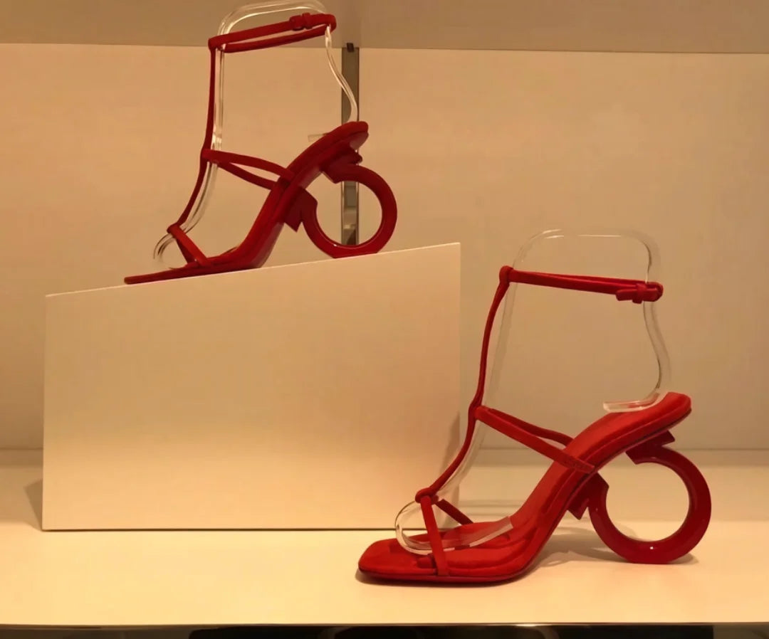 Suede Circular Heel Square Toe Sandals