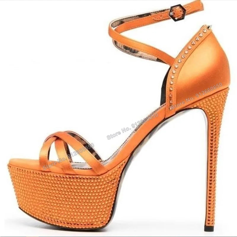 Yellow Crystal Rivet Peep Toe Platform Stiletto Sandals For Women
