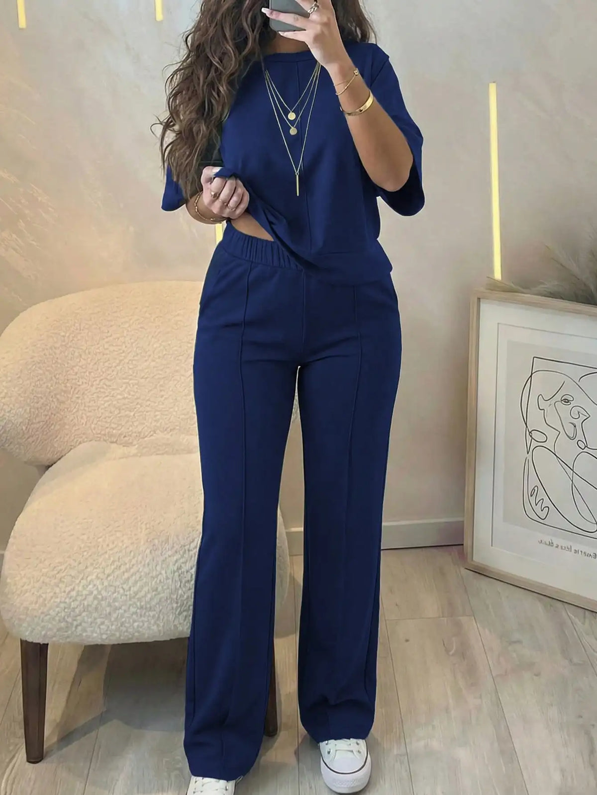 New Spring and Summer Ladies' Set: Comfortable Solid-Color Short-Sleeve Top with Elastic Waist Pocketed Long Pants Two-Piece Set, Soft Stretch Polyester-Acrylic Fabric