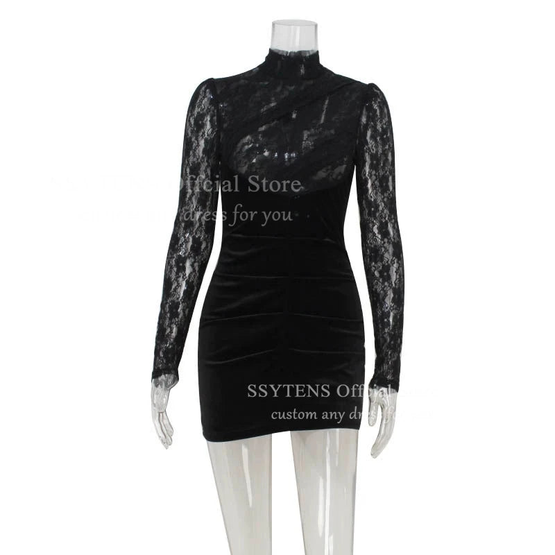 Lace Illusion Velvet High Neck Knee Length Dress for Women