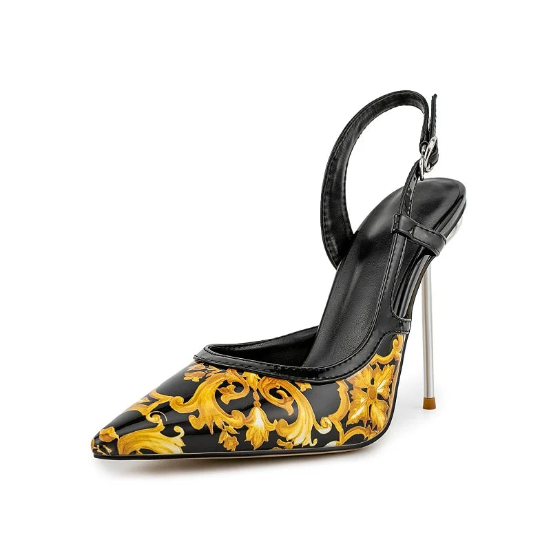 Floral Print Elegant Stiletto Sandals Open Toe for Women
