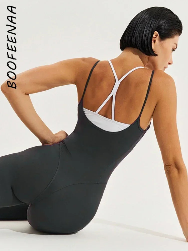 BOOFEENAA Patchwork Bodycon Halter Backless Jumpsuit Women Leggings Sports Yoga Clothes One Piece Outfits Active Wear C56-CI24