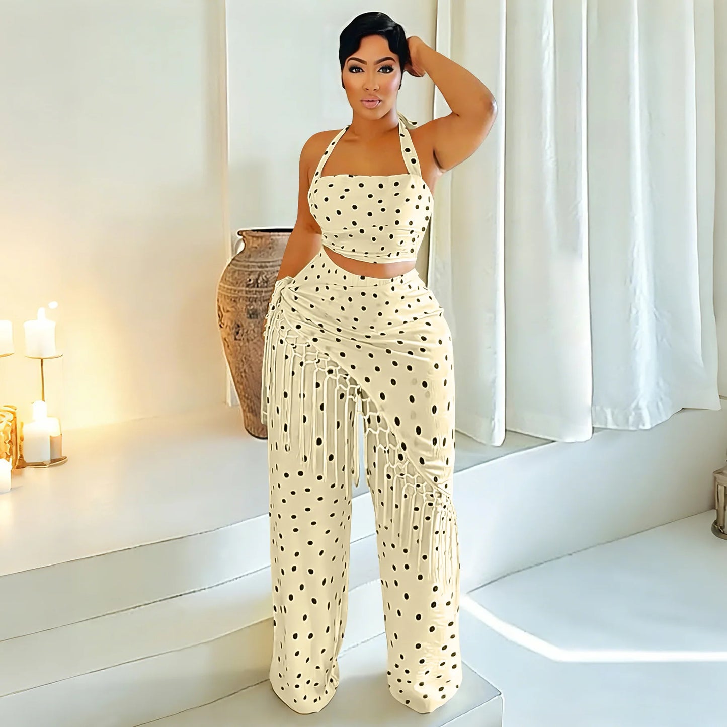 Polka Dot Print Halter Crop Top Tassel Fringe Two Piece Outfit for Women
