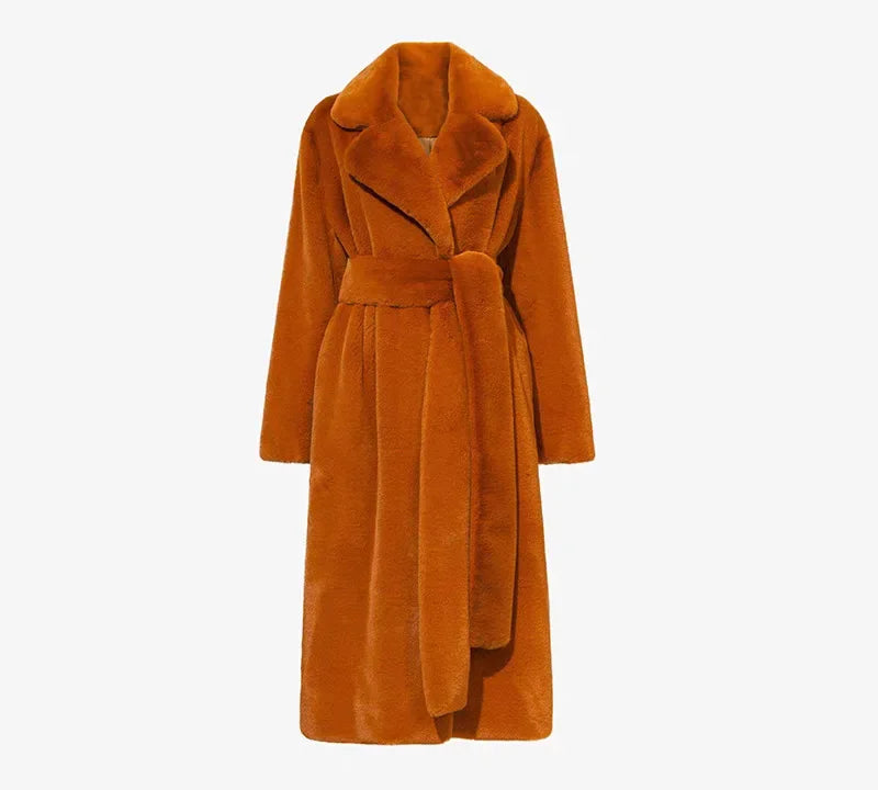 Long Belted Faux Fur Winter Coat