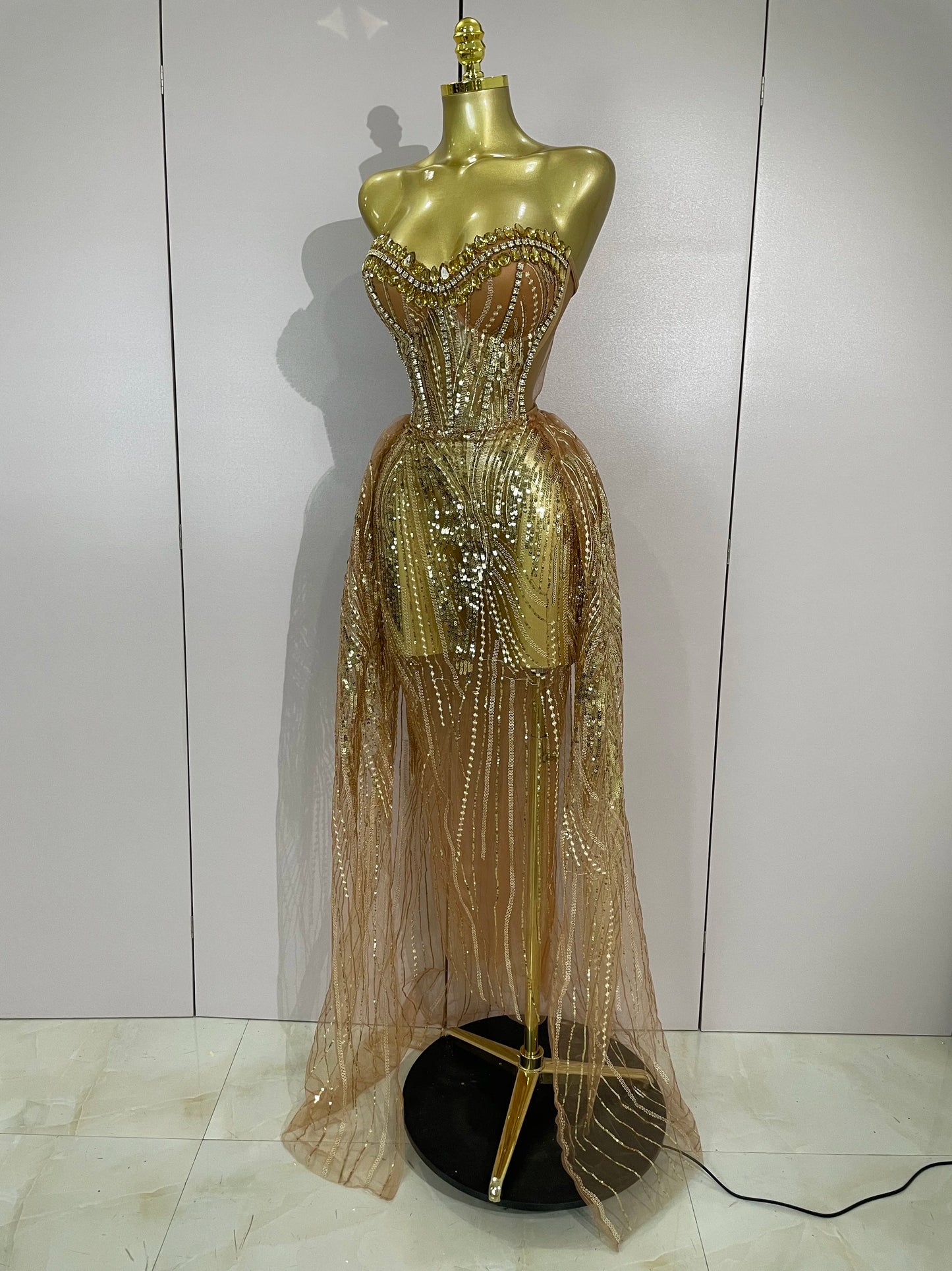 Elegant Sparkly Diamond Sequins Sexy Strapless See-Through Long Dress Women Evening Birthday Party Dress Nightclub Stage Costume