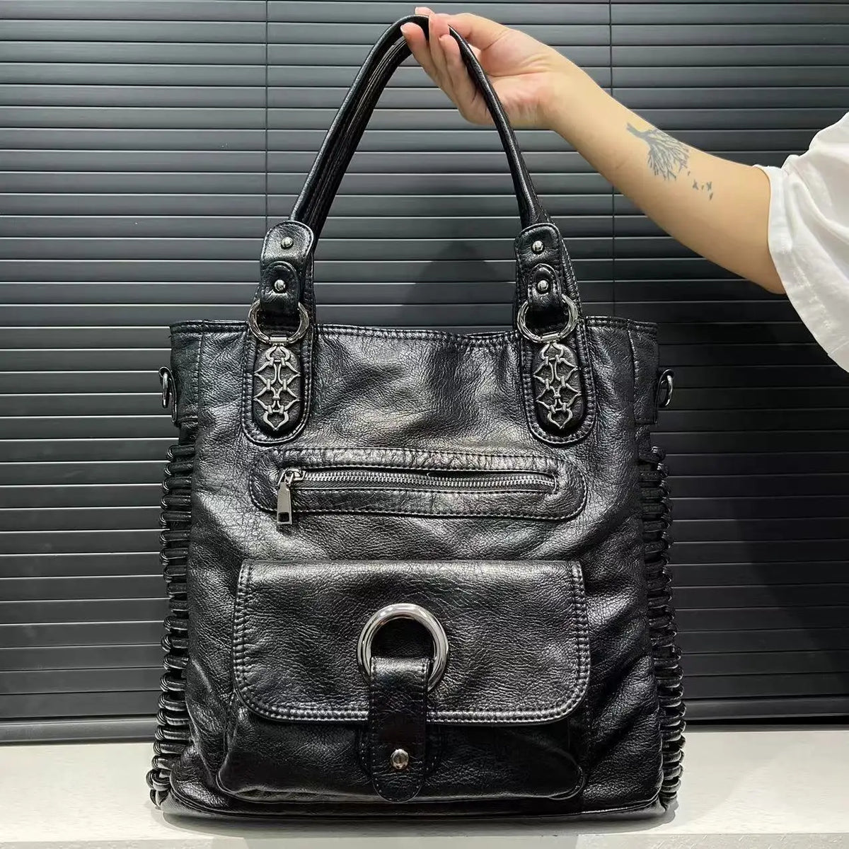 Distressed Vegan Leather Shoulder Tote Bag for Women