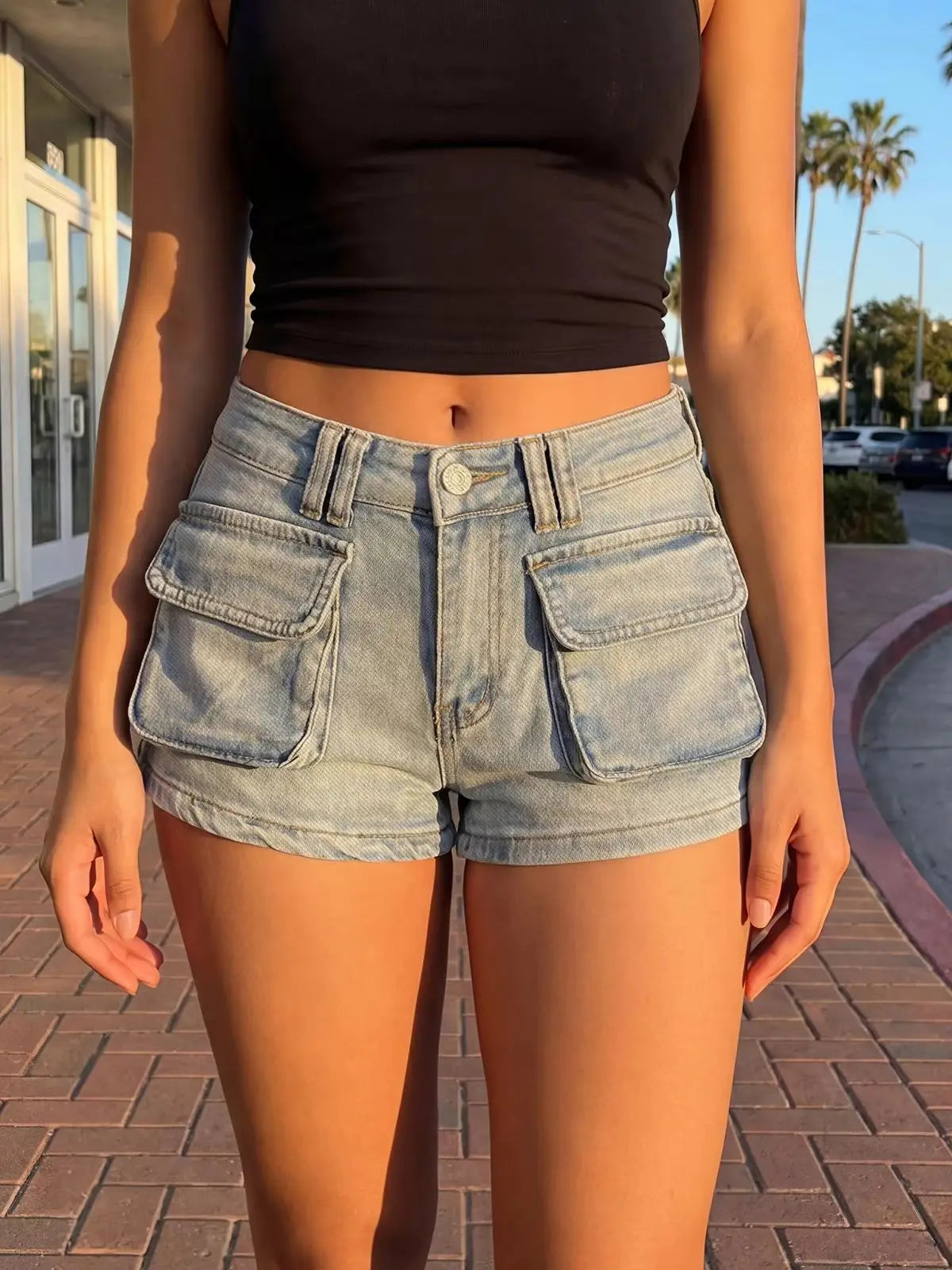 Mid Waist Streetwear Inspired With Pockets Denim Shorts for Women