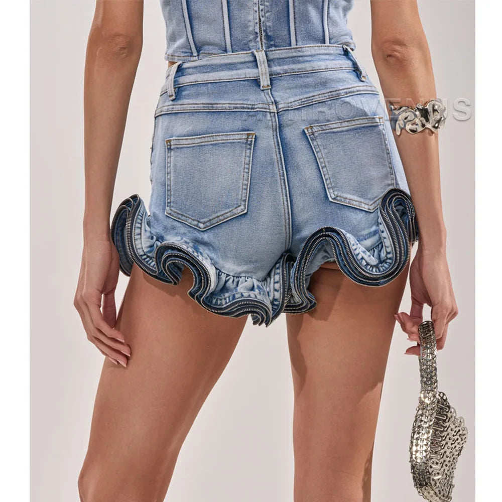 Casual High Waist Ruffle Hem Denim Shorts For Women