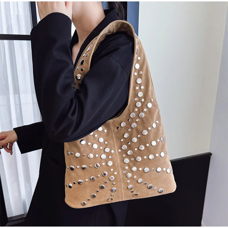 Polka Dot Rivet Tote Bag Women's Fashion Trend Texture Shoulder Bag High-end Luxury Suede Bucket Bag Commuter Female Handbag
