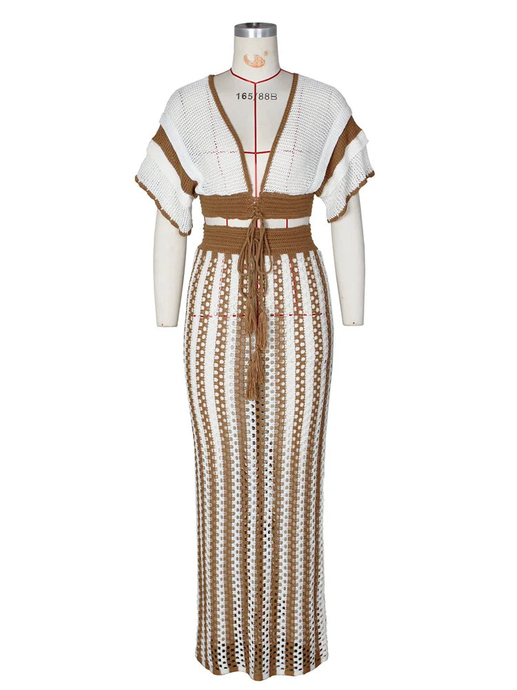 Wmstar Women Two Piece Set Sexy Elegant Knitted Crochet Beach Stripe Crop Tops Long Skirts Matching Set Holiday Birthday Outfits