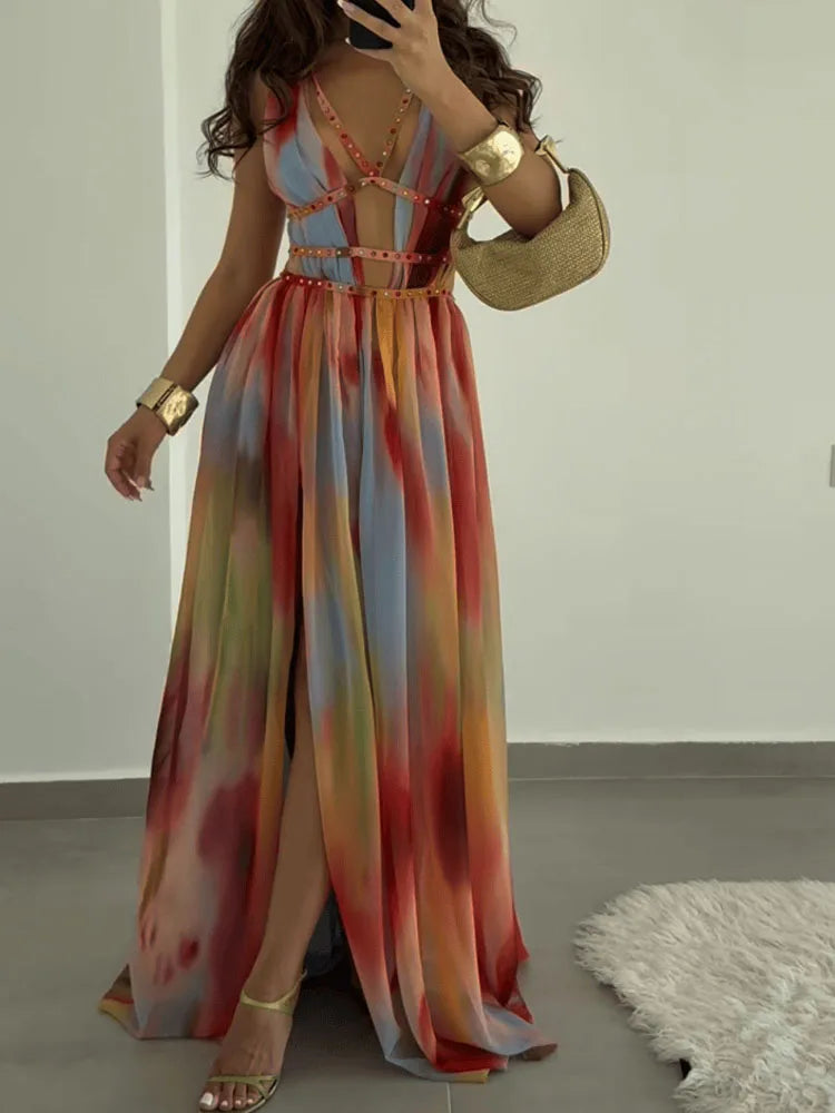 2025 Sexy Split Backless Party Dress Elegant V-neck Hollow Out Beach Long Dress Women Fashion Pattern Print Slim Fit Beach Dress