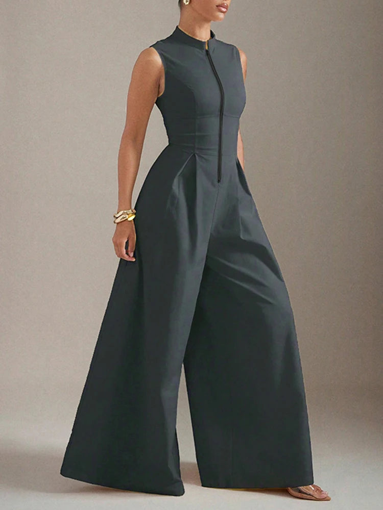 Women's Minimalist Stand Collar Zip Up High Waisted Wide Leg Jumpsuit 2026 New Sleeveless Solid Color Pleated Casual Romper