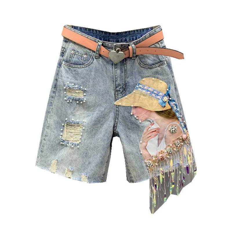 Tassel Bead Embellished Denim Shorts