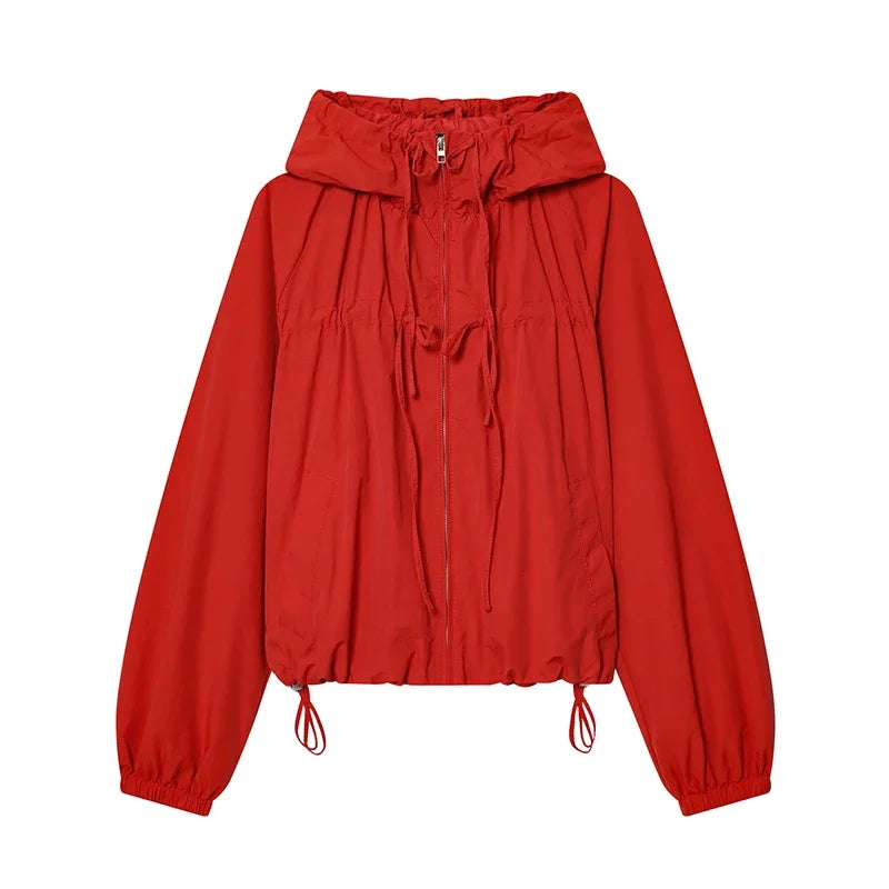 Hooded Zippered Stand Collar Lace-Up Jacket for Women