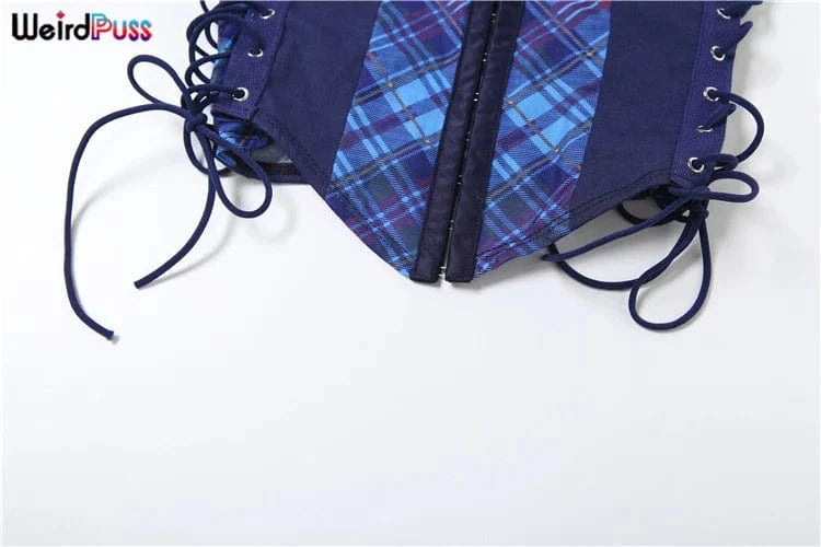 Weird Puss Bandage Button Tops Woman Summer Plaid Print Sexy Deep V-Neck Halter Skinny Wild Hipster Y2K Fashion Party Streetwear