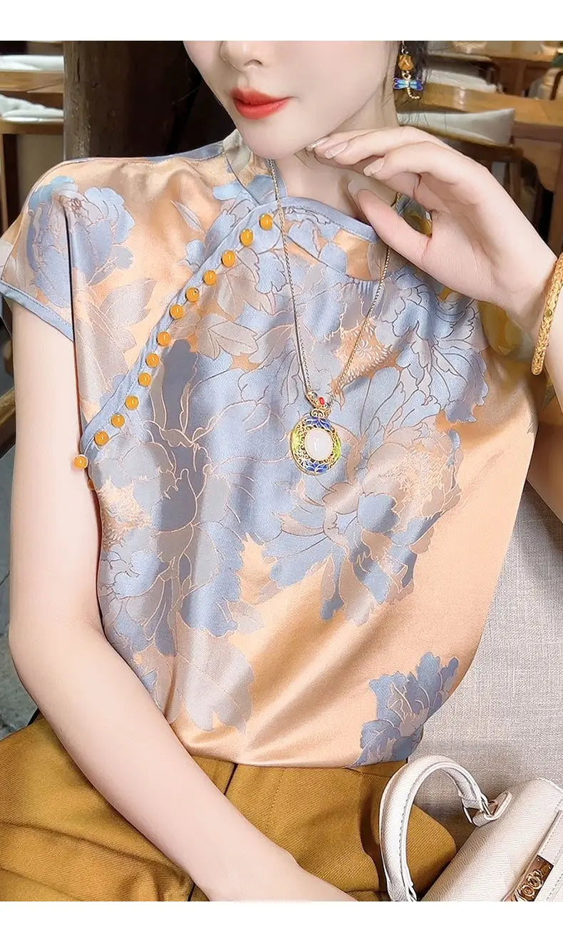 Chinese Inspired Floral Jacquard Satin Blouse For Women