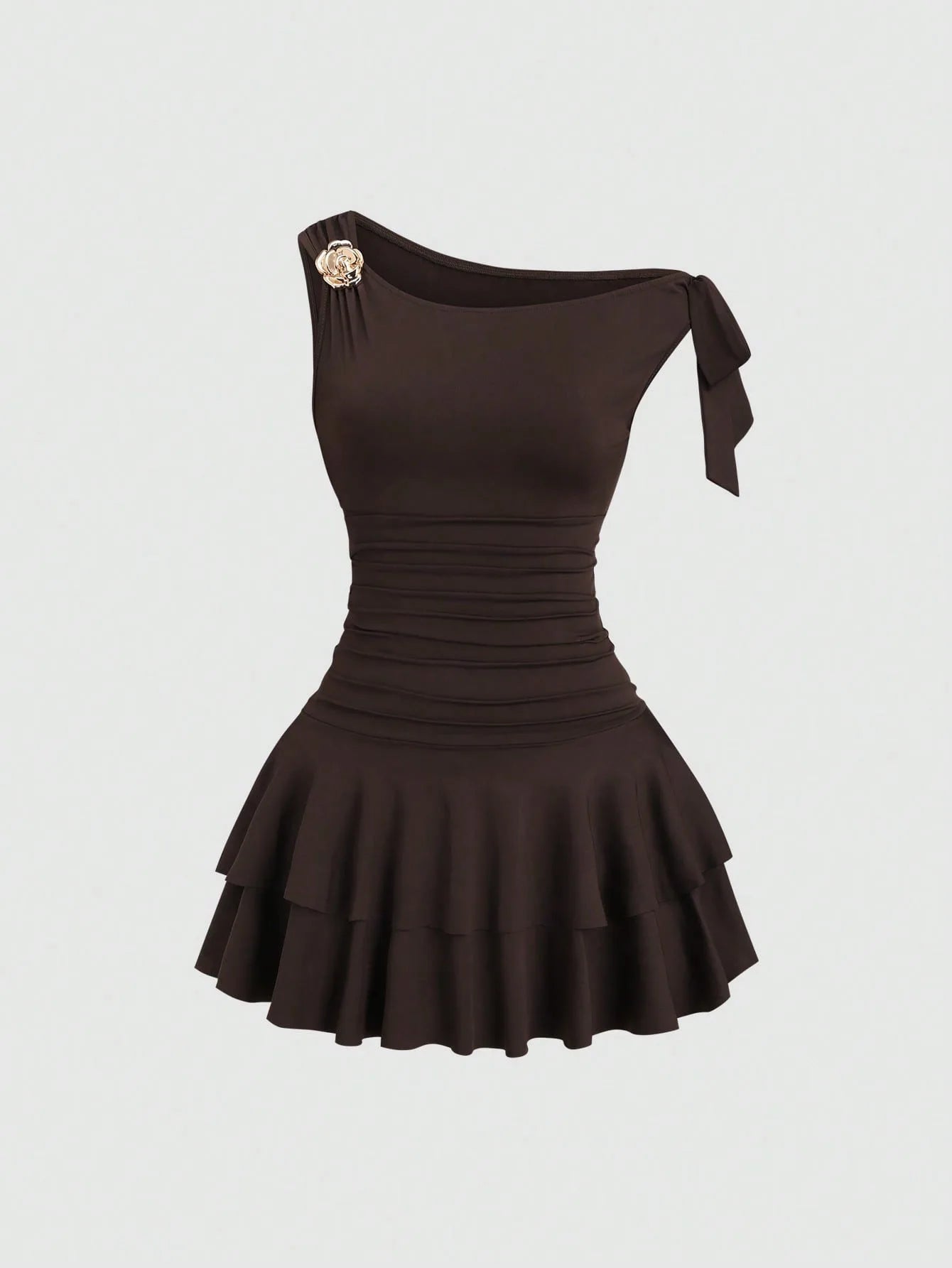One Shoulder Layered Ruched Floral Mini Dress for Women