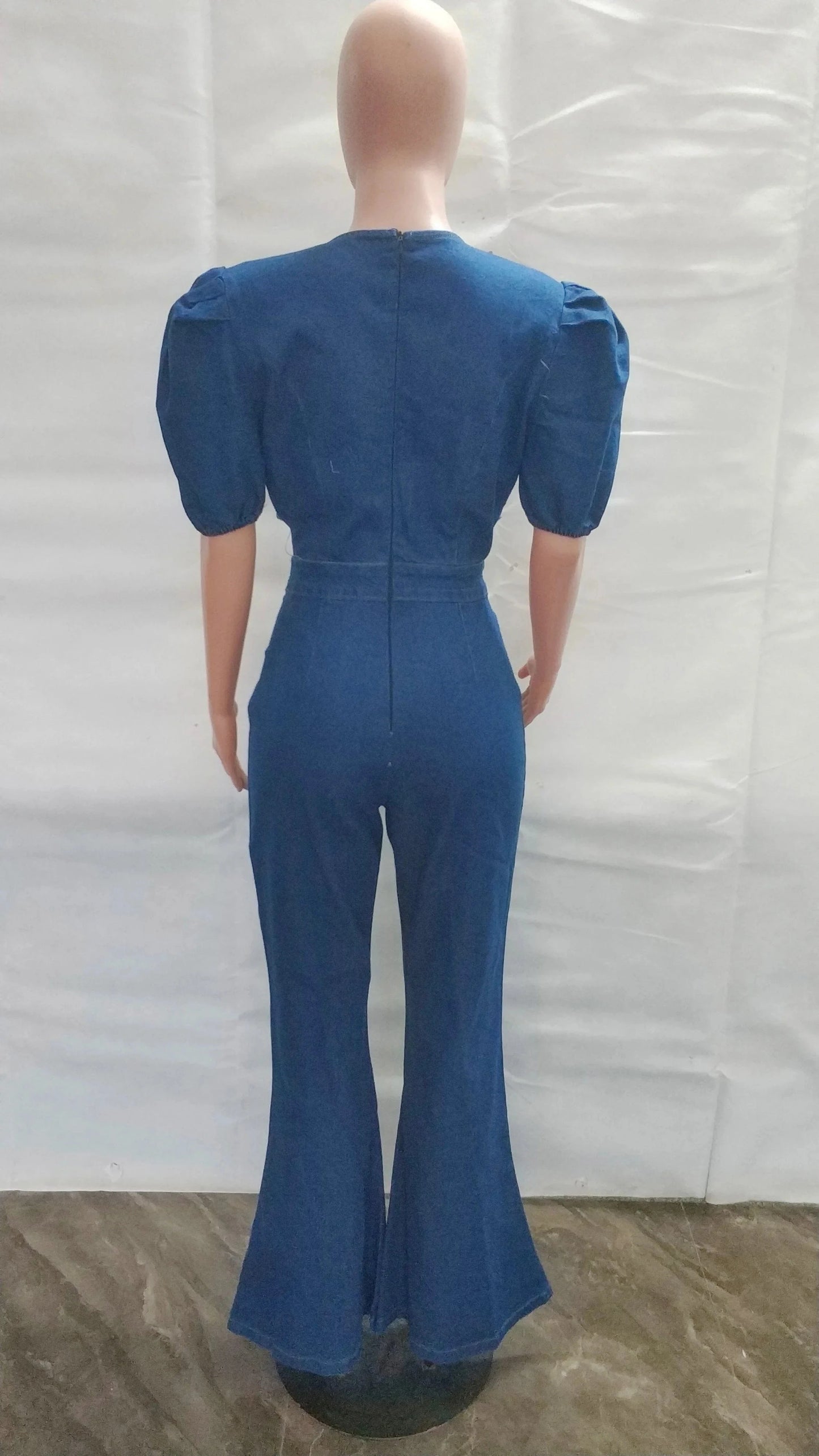 Wide Leg Denim Jumpsuit Sexy Women V-neck Elegant Blue Hollow Out Jeans Casual Romper Overalls