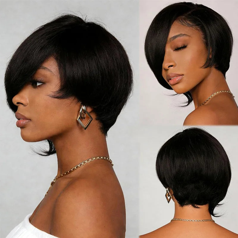 Short Pixie Cut Human Hair Wig With Bangs for Women
