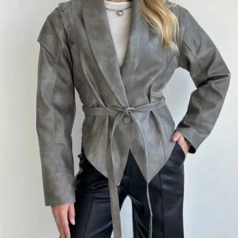 Women Leather Bomber Jackets Coats With Belt Notched Shoulder Pads Motorcycle Street Chic Short Outwear Fashion Solid Lace Up