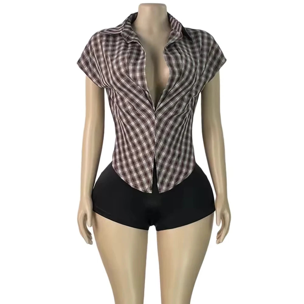 Plaid Print Deep V Neck Sleeveless Hollow Two Piece Set for Women