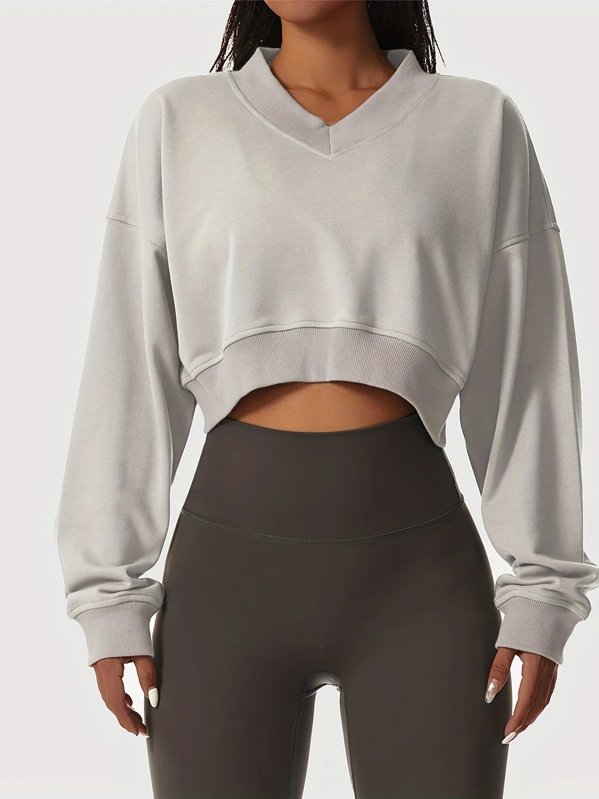 Casual Cropped V Neck Long Sleeve Sweatshirt for Women