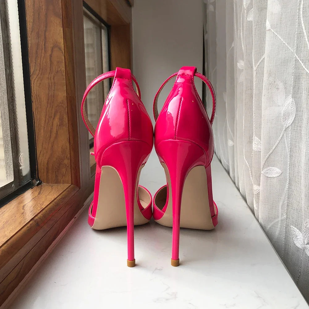 Rose Pink Patent Pointed Toe Ankle Strap Pumps for Women