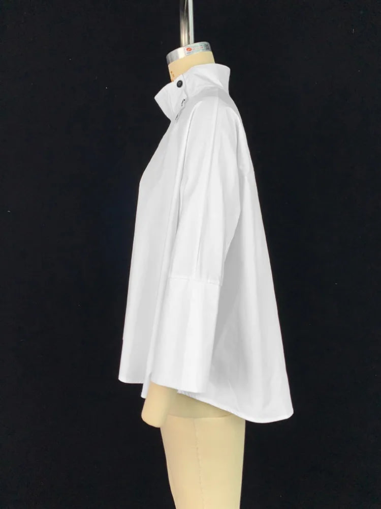Beautyblue Women's Ubran Blouses White Shirts Tops Fashion Cotton Stand Collar Loose Long Sleeves Buttons Simple Women Clothing