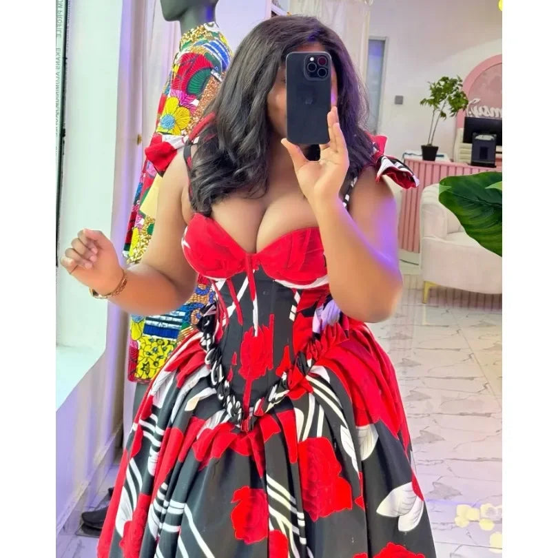 Customized Elegant Stylish Tube Top A-line Flower Print Waist-fitted Midi Dresses Fashion Summer Sexy Low-cut Bow Straps Casual