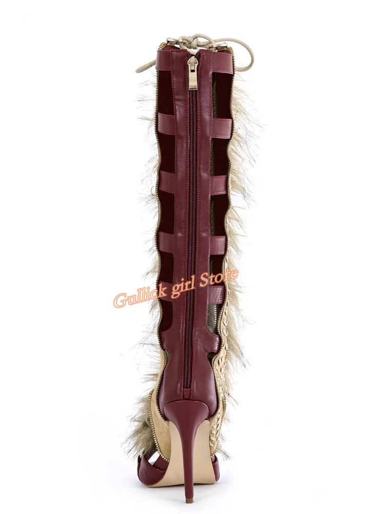 Faux Fur Open Toe Knee High Sandal Boots for Women