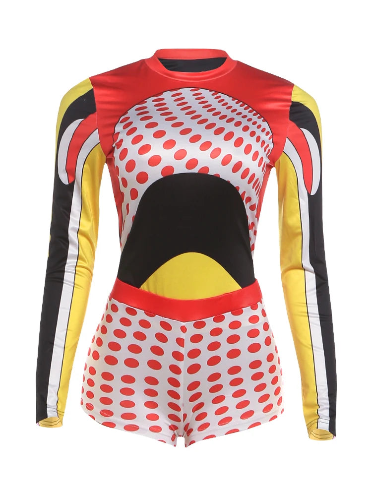 Colorful Patchwork Print O Neck Tee and Polka Dot Shorts Two Piece Set for Women