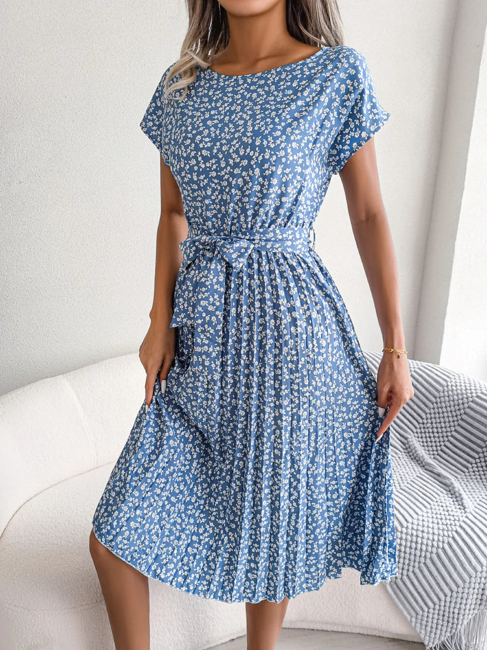 Chic Casual Pleated Short Sleeve Midi Dress for Women