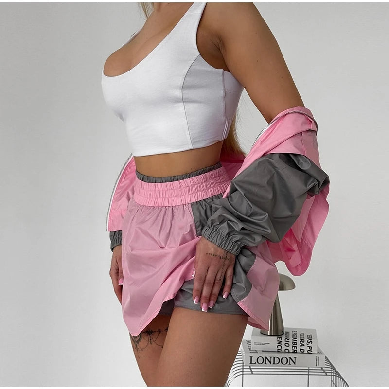 Casual Color Block Long Sleeve Jacket And Mini Skirt Set For Women