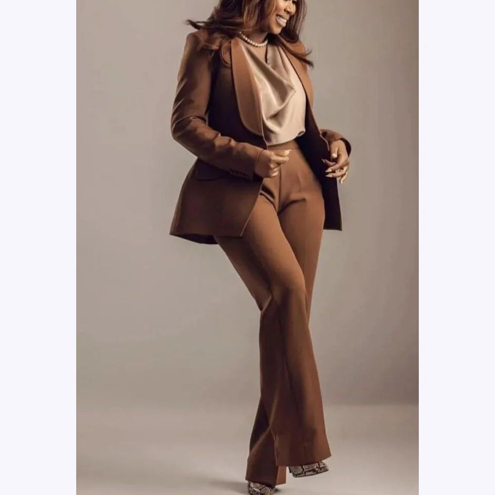 Classic Brown Women Suits Shawl Lapel Slim Fit Solid Color Formal Sets 2 Piece High Quality Office Lady Outfits Jacket Pants