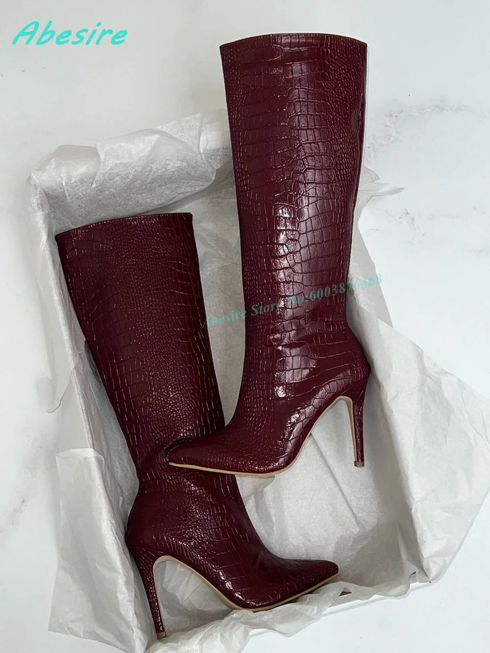 Burgundy Crocodile Pattern Knee High Boots Pointed Toe Stiletto Heel Side-Zipper Women's Boots Retro Sexy Daily Party Shoes