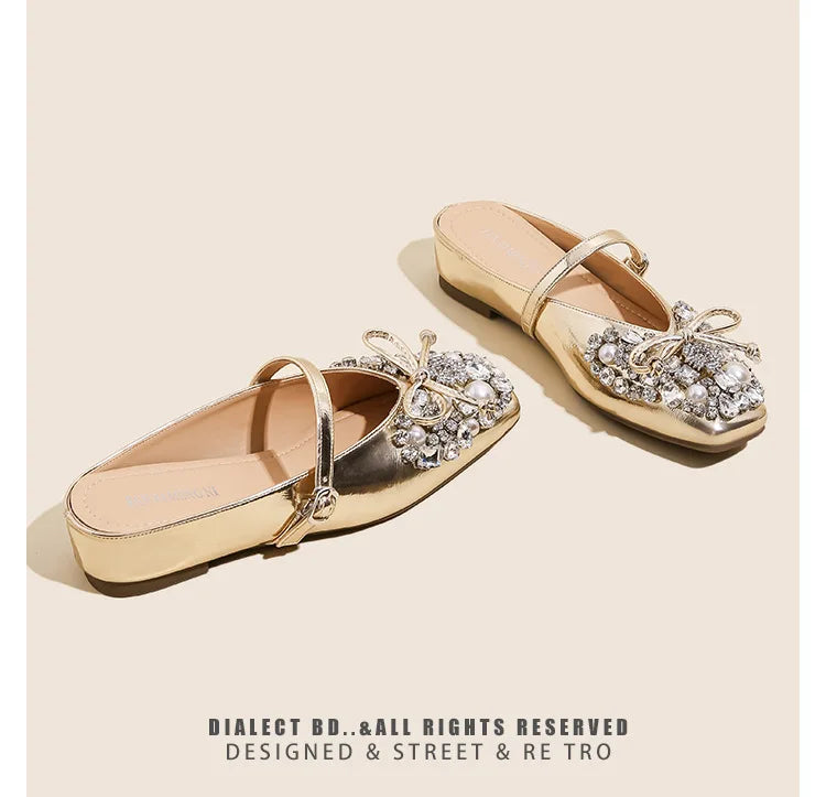 Pearl Bow Embellished Square Toe Flat Shoes For Women