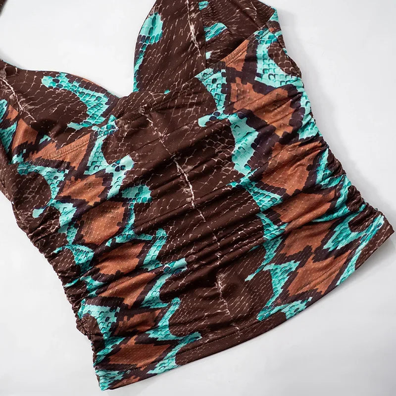 Aesthetic Print Pleated Halter Backless Crop Top for Women
