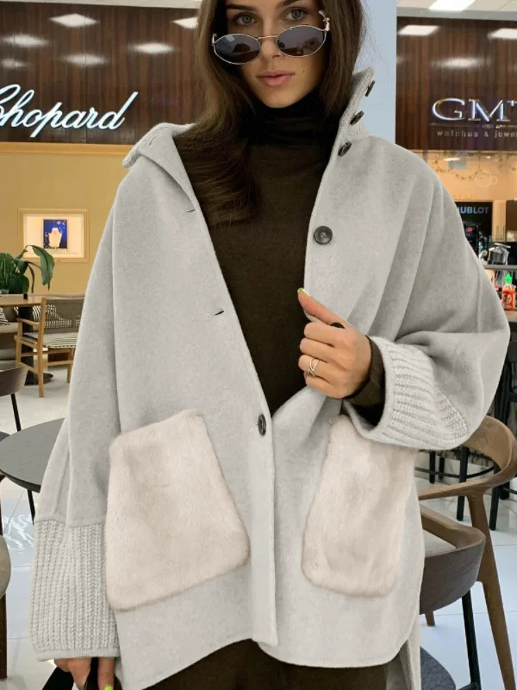 Loose Knit Fur Standup Collar Long Sleeve Pocket Cardigan for Women