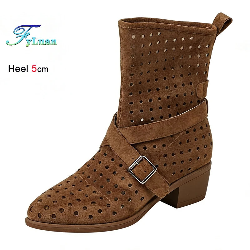 Brown Suede Western Cowboy Boots With Belt Buckle And Pointed Toe for Women