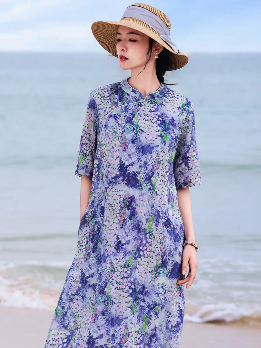 Casual Mandarin Collar Vintage Print Ramie Dress for Women