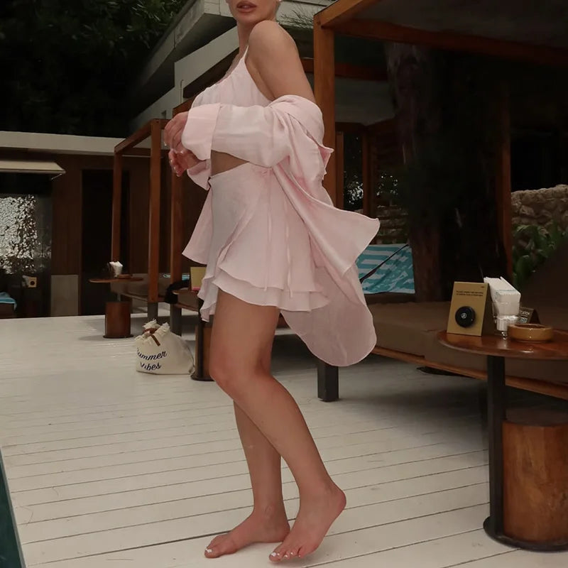 Casual Tie Up Mini Skirt Outfit 2025 Summer New Seaside Beach Sunscreen Suit Holiday Long Sleeve Single Breasted Shirt Women Set