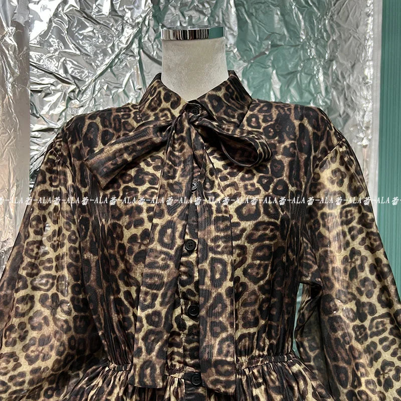Spring Popular Retro Classic Leopard Pattern Single-Breasted Lantern Sleeve Shirt Layered Dress Puffy Cinched Short Dress Female