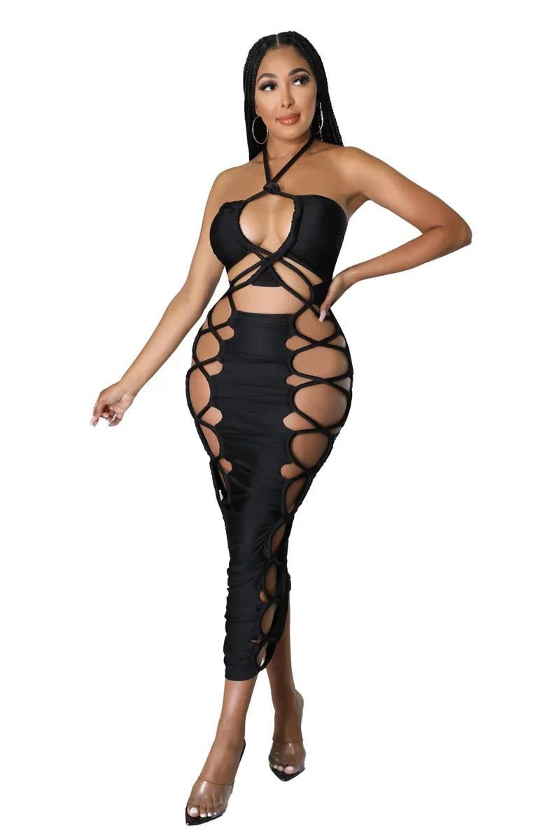 Solid Lace Up Caged Halter Backless Zipper Ruched Midi Dress for Women