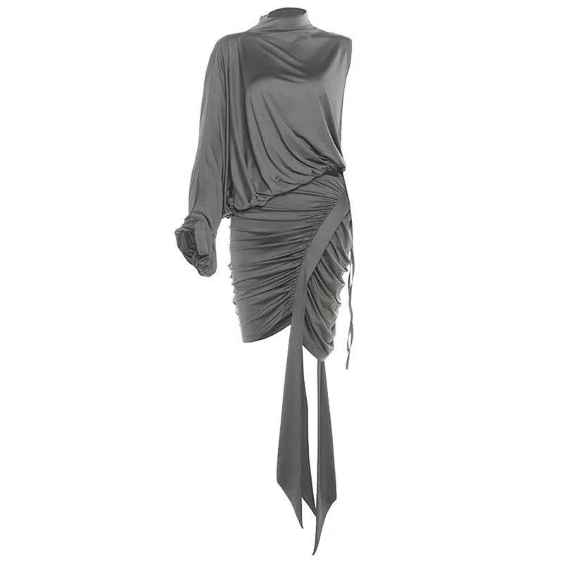 Asymmetrical Ruched One Shoulder Turtleneck Top Two Piece Set for Women