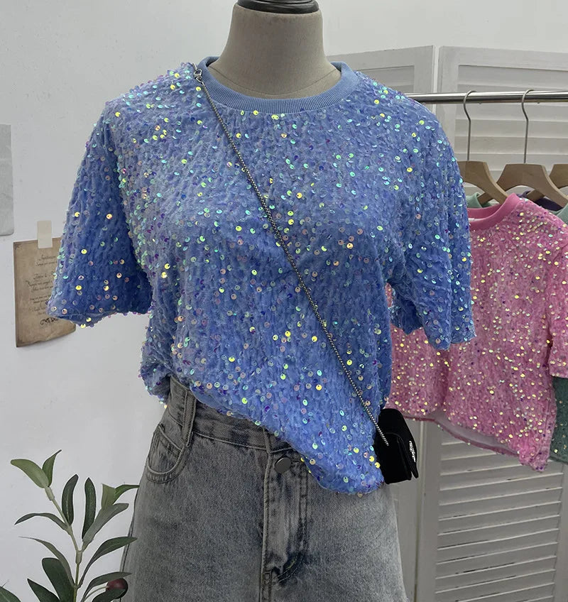 Spicy Girl Pink Sequins Short Sleeve T-shirt Round Neck Slimming Crop Top Blingbling Sexy Nightclub Multi Color Casual Tees