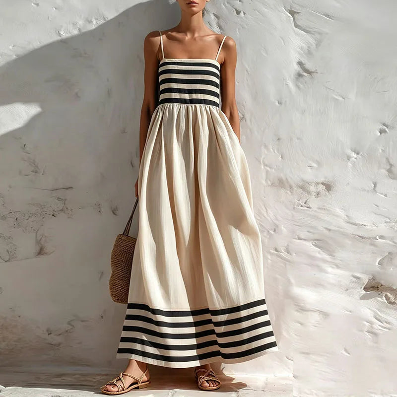 Striped Square Neck Backless A-Line Maxi Dress for Women